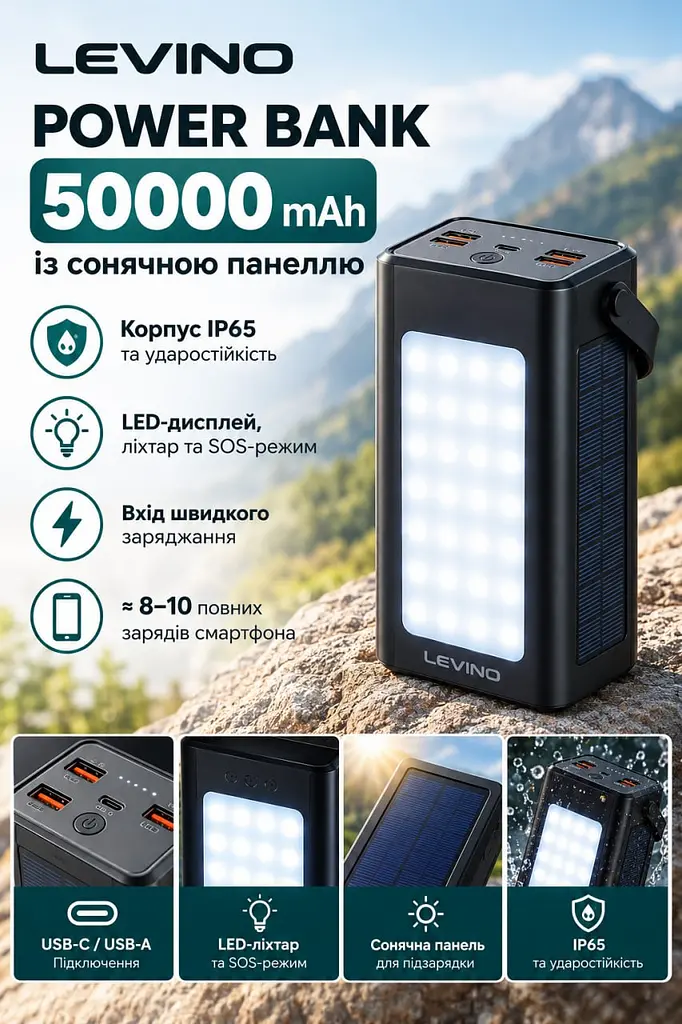 Універсальний повербанк із сонячною панеллю та LED індикатором та ліхтариком LEVINO N-40 50000 mAh Power Bank сонячна батарея для телефону та інших гаджетів заряджання PD/QC 18–22.5 Вт Чорний - фото 9