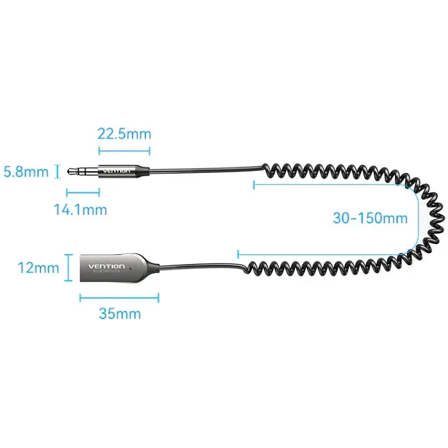 Автомобільний аудіоприймач Vention AUX TRS 3.5мм USB Bluetooth 5.4 Coiled Cable Zinc Alloy 1.5M Сірий (NAIHG) - фото 2
