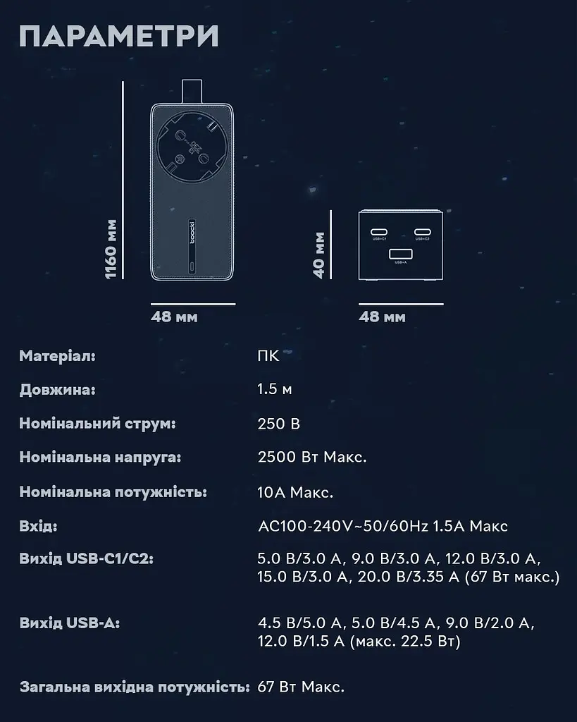 Toocki 67W Desktop Charger 2 x Type-C, 1 х USB 1.5 м, Black + розетка - фото 8