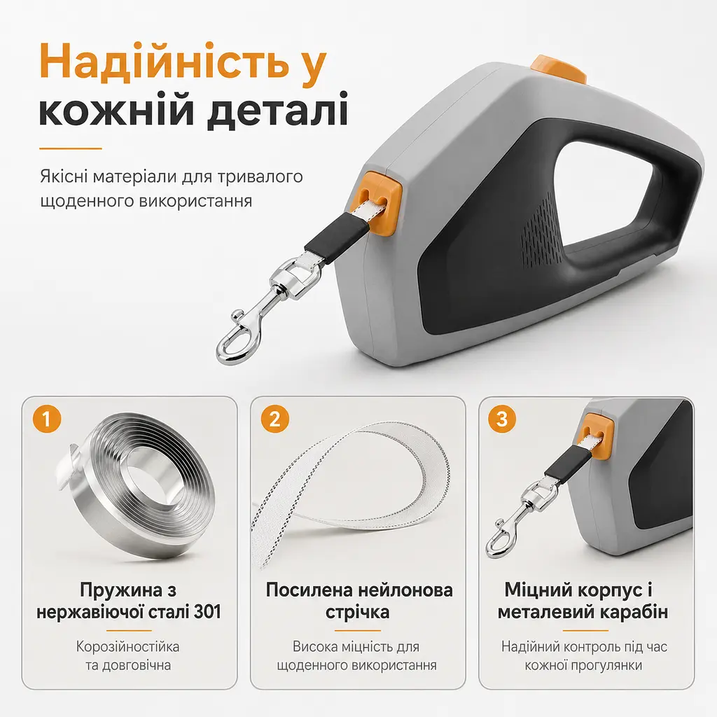 Повідець-рулетка для собак KimPets 5м, з рефлекторною стрічкою, з ергономічною ручкою, до 50кг, жовтий - фото 4