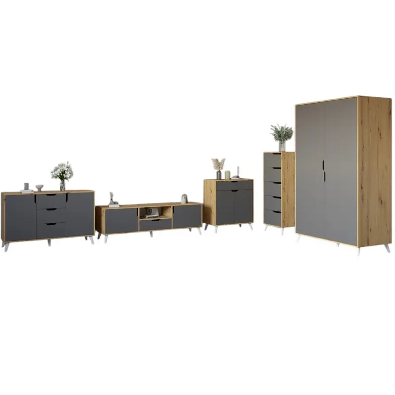 Комплект меблів для вітальні М-ЗОН Борн Дуб Артизан/Антрацит 5 предметів з білими ніжками (MZN-031065) - фото 2