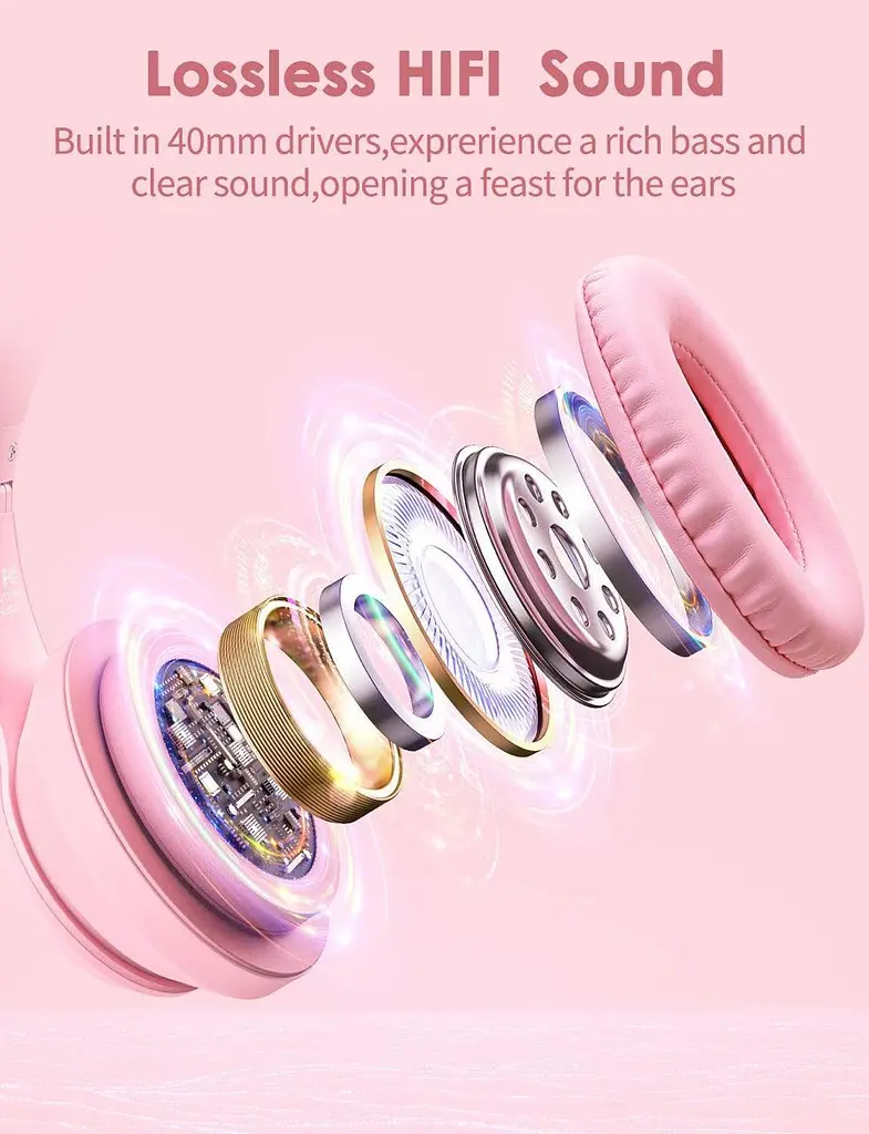 Ігрові Bluetooth навушники Onikuma з котячими вушками, RGB-підсвіткою та мікрофоном рожевий - фото 5