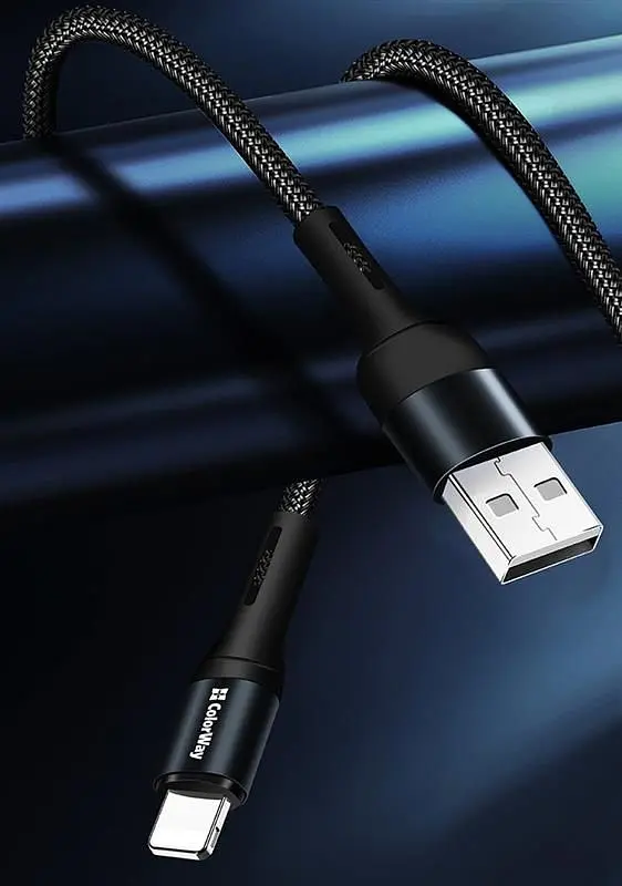 Кабель ColorWay USB - Lightning (M/M), nylon, 2.4 А, 1 м, Black (CW-CBUL045-BK) - фото 6