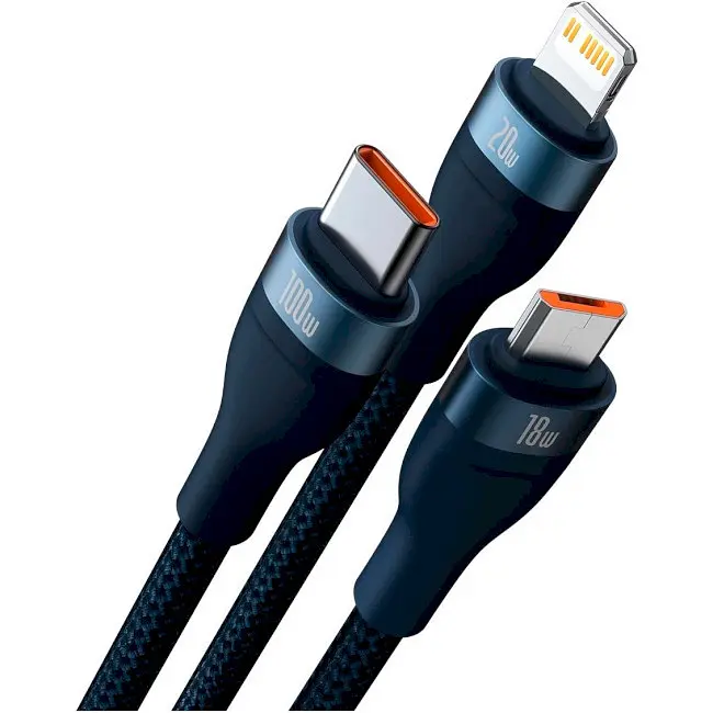 Кабель Baseus Flash Series Ⅱ 3-in-2 Cable USB+Type-C to MicroUSB+Lightning+Type-C 100W 1.2m CASS030103 Blue - фото 2