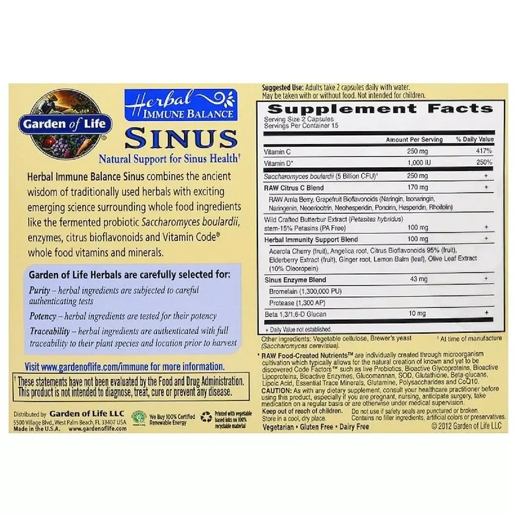 Трав'яний комплекс для підтримки імунітету Garden of Life Herbal Immune Balance Sinus 30 вегетаріанських капсул - фото 3