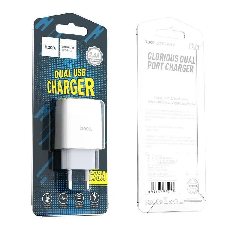Адаптер на 2 виходи - Мережевий зарядний пристрій HOCO C73A Glorious dual port charger 12W білий - фото 2