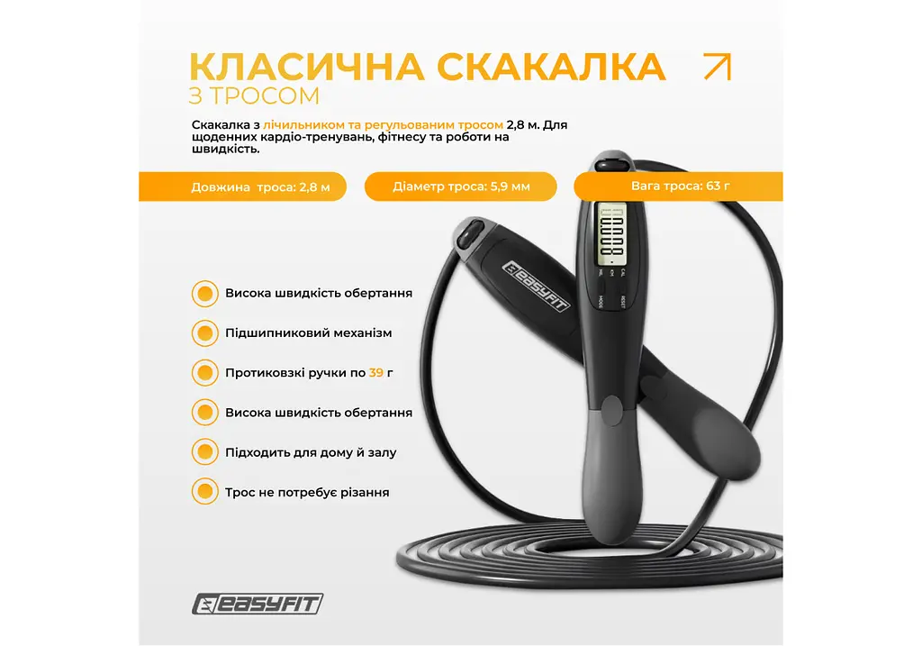 Скакалка з лічильником EasyFit TwinRope швидкісна 2,8 м чорна-сіра (EF-1909-GY) - фото 2