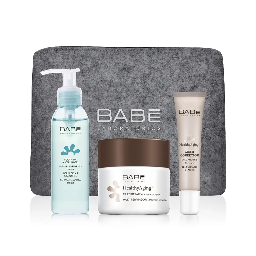 Подарунковий набір Babe Laboratorios Healthy Aging: Коректор для шкіри навколо очей і губ, 15 мл + Нічний крем для обличчя з антивіковим комплексом, 50 мл + Міцеллярний гель Travel Size, 90 мл + косметичка у подарунок - фото 2