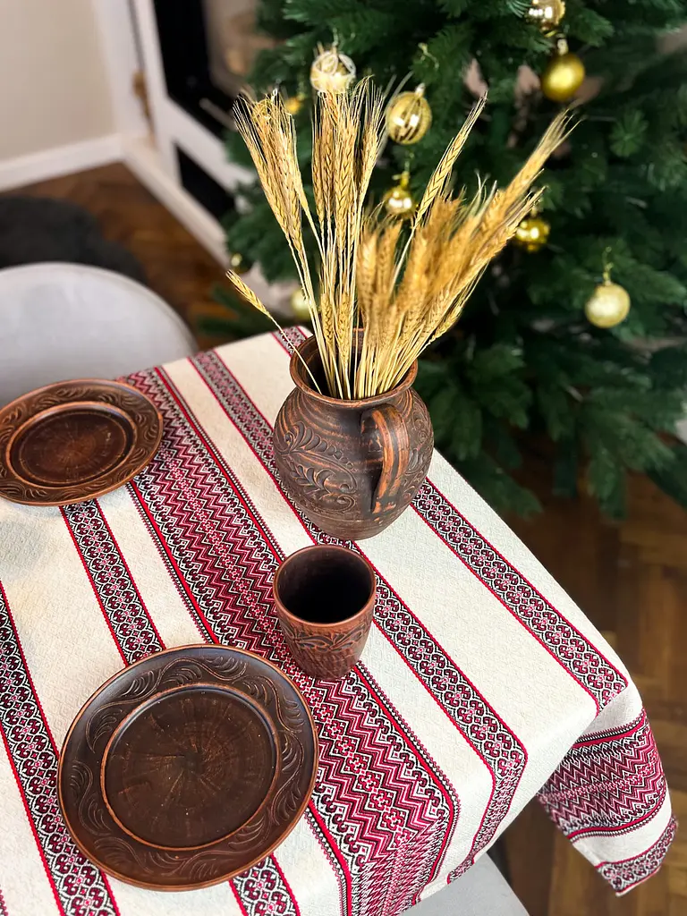 Лляна скатертина різдвяна з українським орнаментом "Рандеву червоний" - 220х150 см - фото 8