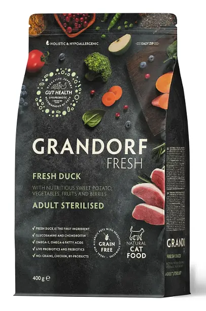 Сухий корм для стерилізованих котів качка з бататом Grandorf FRESH DUCK & SWEET POTATO ADULT CAT STERILISED 400 г