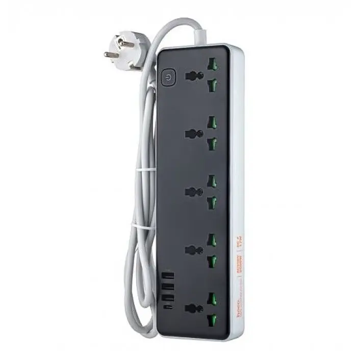 Сетевое зарядное устройство удлинитель Hoco AC13A 3 USB/ Type-C 5 розеток 1m Черный - фото 2