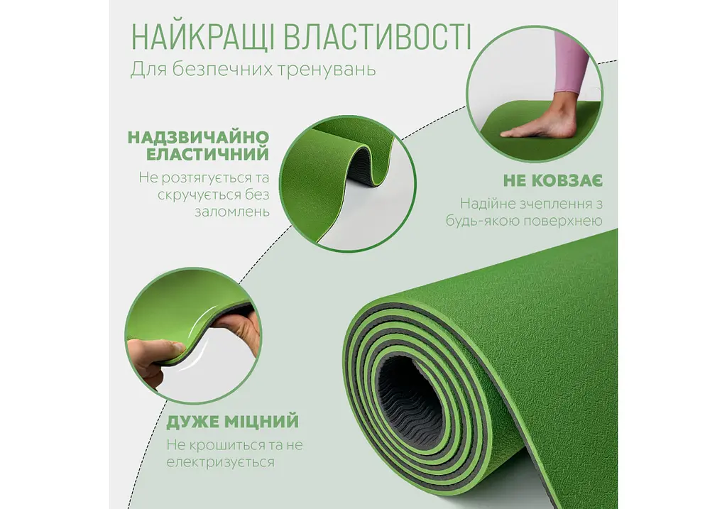 Килимок для йоги та фітнесу EasyFit TPE+TC 6 мм двошаровий, зелений з чорним (EF-1924s-GNBK) - фото 3