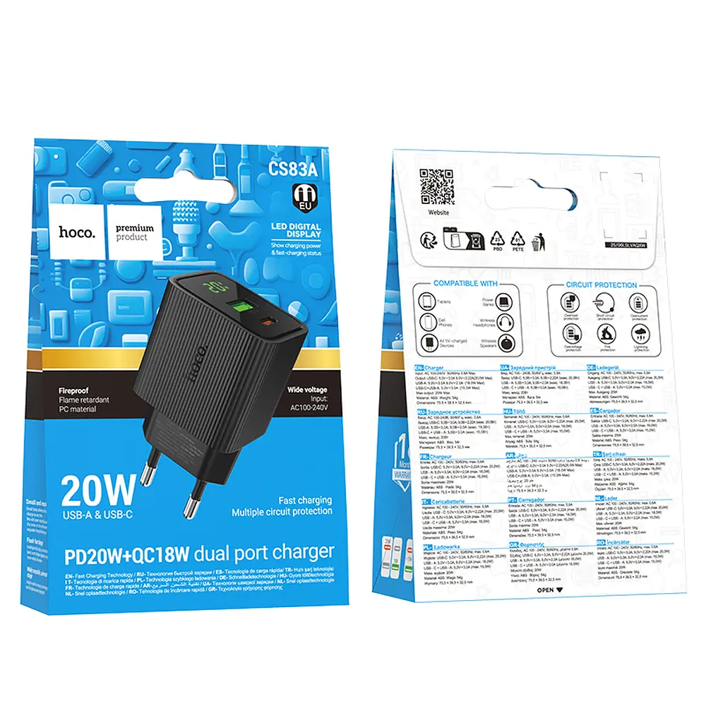МЗП Hoco CS83A Excellent PD20W+QC3.0 charger with digital display(EU) Black - фото 2