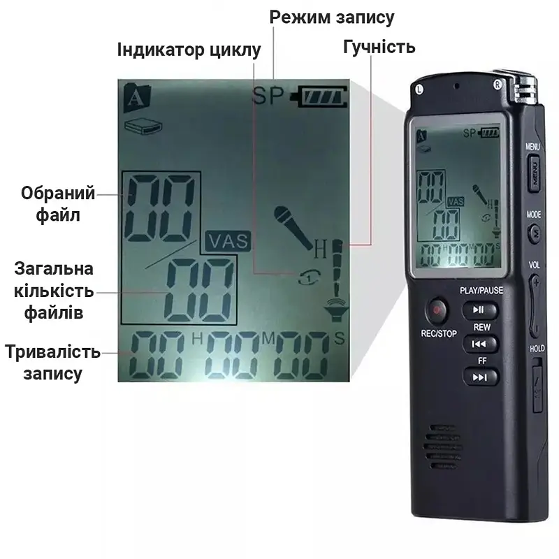 Диктофон цифровий з великим екраном Savetek GS-T60, пам'ять 32 Гб, стерео, акумуляторний (100321) - фото 7