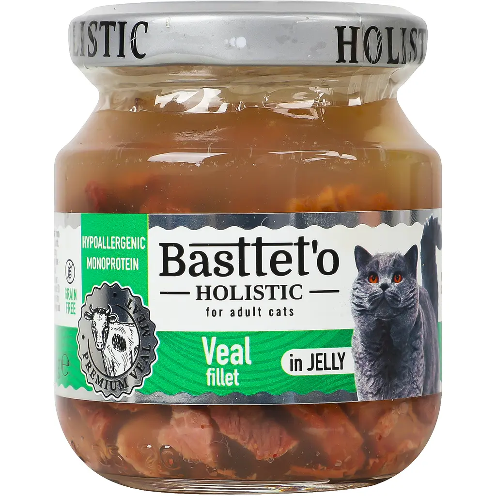 Вологий корм для котів Basttet'o Holistic, шматочки філе телятини в желе, скло, 130 г - фото 2