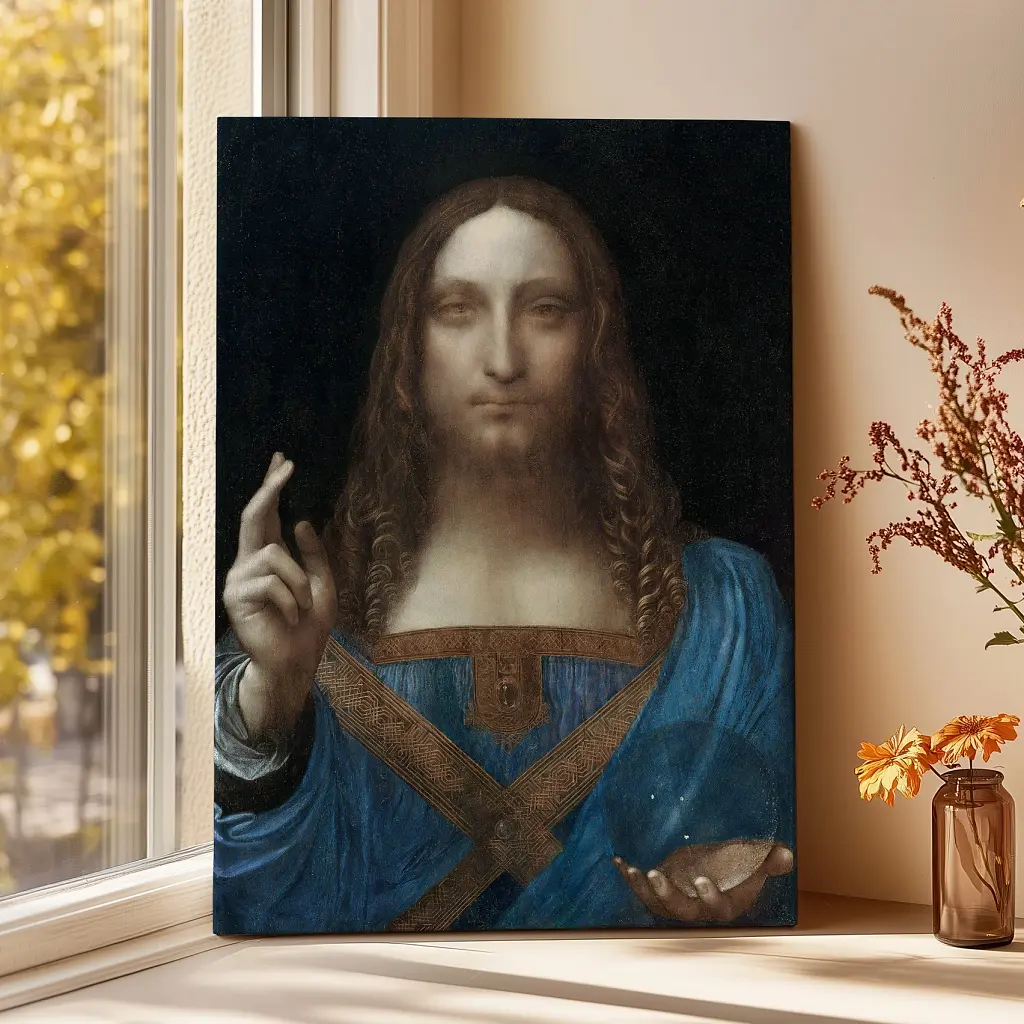 Інтер'єрна картина Спаситель світу, Леонардо да Вінчі, Leonardo da Vinci, Salvator Mundi, релігійний декор, 60×43 см (id6946)