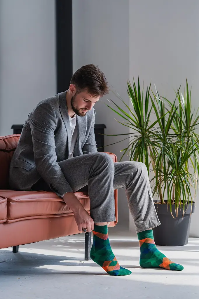 Носки с принтом ромбы высокие бесшовные качественные ORGANIC cotton JILL ANTONY 42-43, Зеленый - фото 5