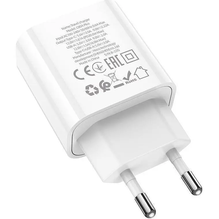 Мережевий зарядний пристрій Hoco C80A Plus USB-A/USB-C 20W White (779885) [124885] - фото 5