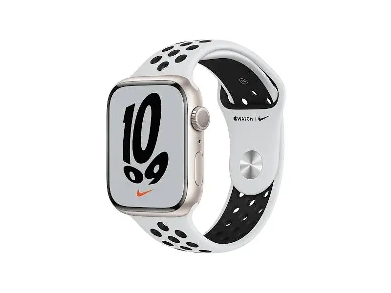 Смарт-годинник Apple Watch Nike Series 7 GPS 45mm Starlight Aluminum Case w. Pure Platinum/Black Nike Sport Band (MKNA3)