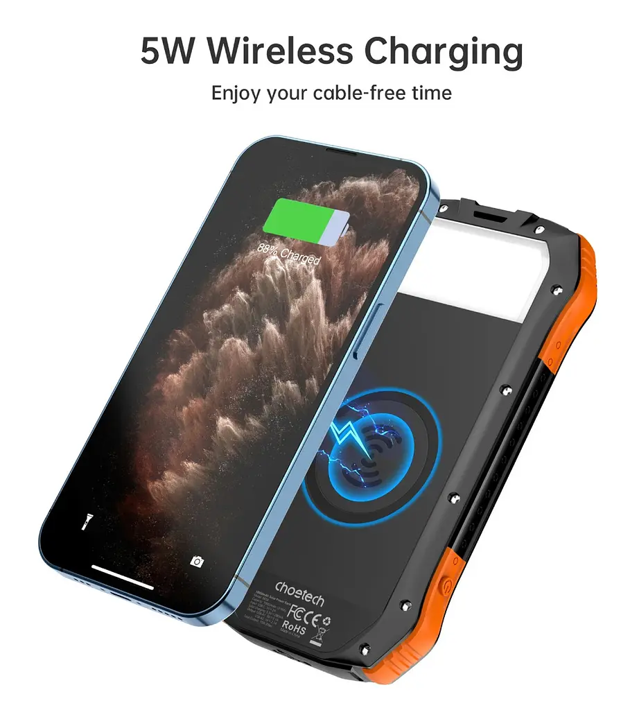 Універсальна мобільна батарея Choetech 10000mAh 2xUSB-A,1xUSB-C,solar panel, Qi-5W Чорний-Помаранчевий - фото 6