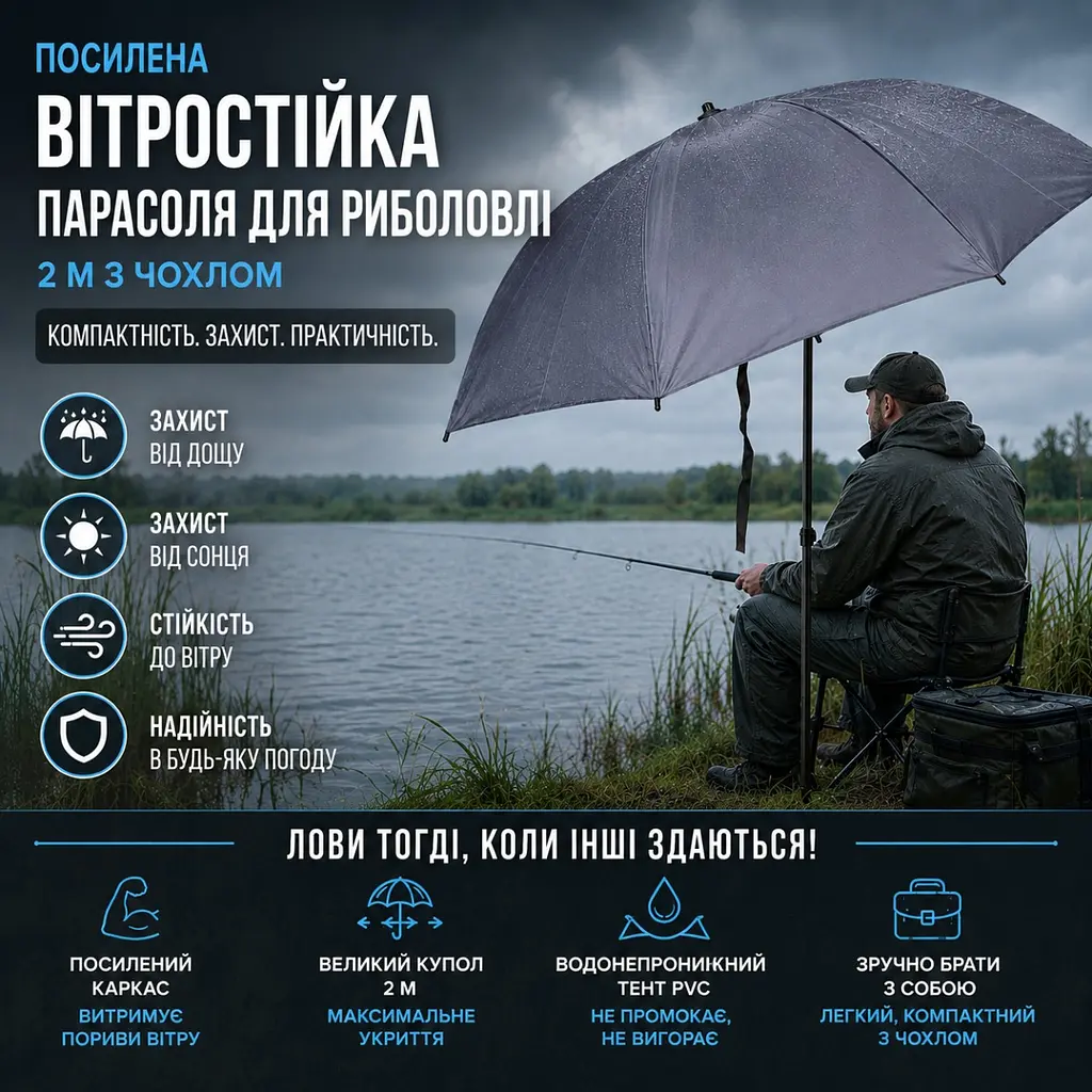 Посилена вітростійка парасоля для риболовлі 2 м з чохлом - фото 9