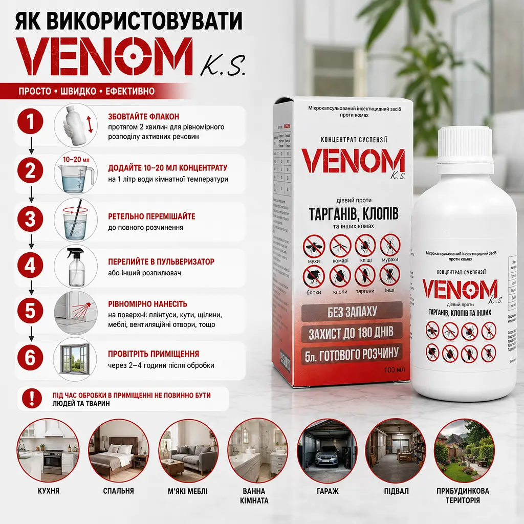 Комплект від клопів для 2-кімнатної квартири Venom суспензія + пудра Pudra - фото 5