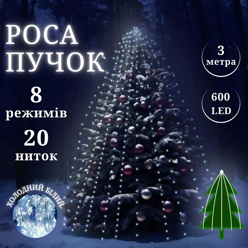 Роса пучок 3 метри 20 ниток Niki Light кінський хвіст з пультом керування 600 Led гірлянда для ялинки на 8 режимів холодний білий - фото 2