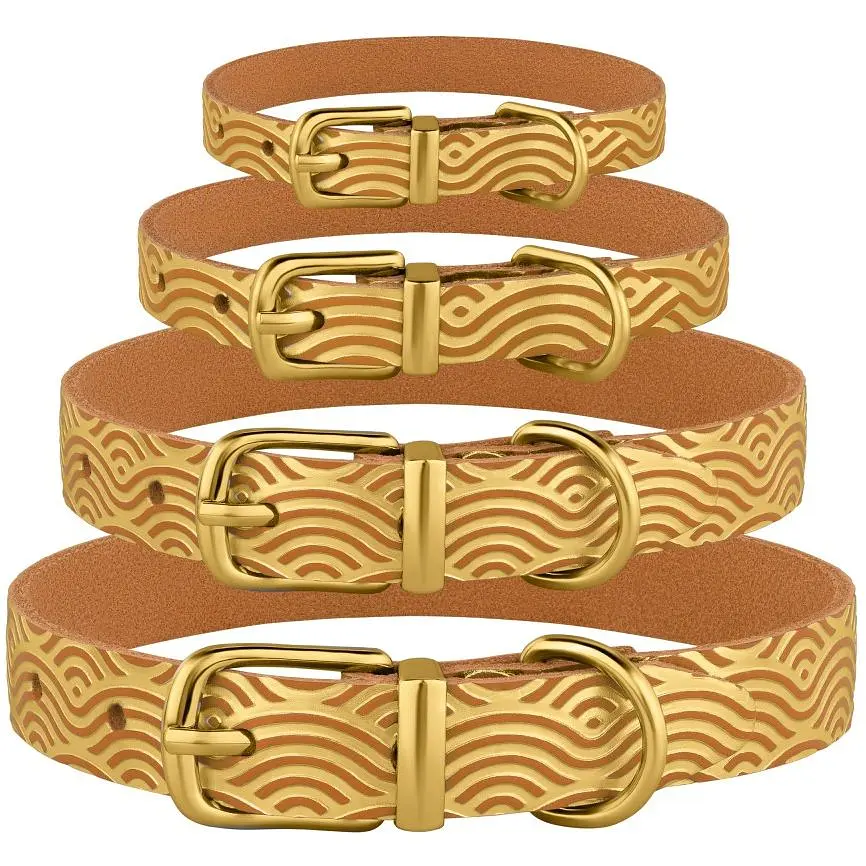 Ошейник для собак BronzeDog Barksi Classic Волна кожаный одинарный с золотым тиснением 23-30х1.2 см горчичный - фото 5
