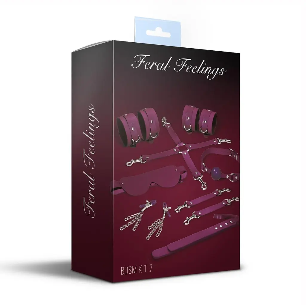Набір Feral Feelings BDSM Kit 7 Burgundy, наручники, поножі, конектор, маска, падл, кляп, затискачі - фото 2