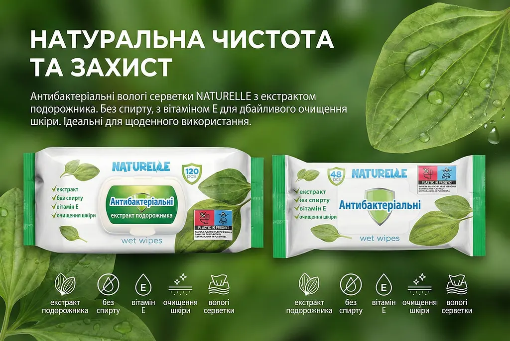 Вологі серветки антибактеріальні Naturelle з екстрактом подорожника 48 шт. Українські вологі серветки - фото 3