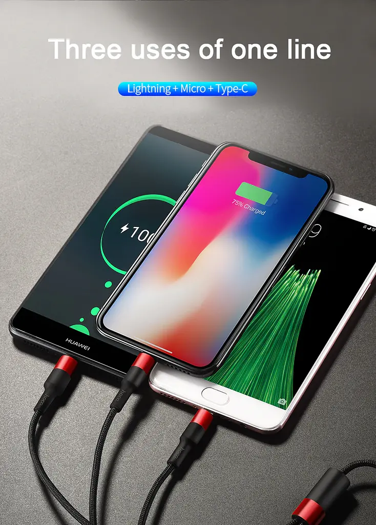 Кабель Hoco X26 Xpress 3-in-1 (Lightning + Micro USB + Type-C) 1 м чорно-червоний - фото 4