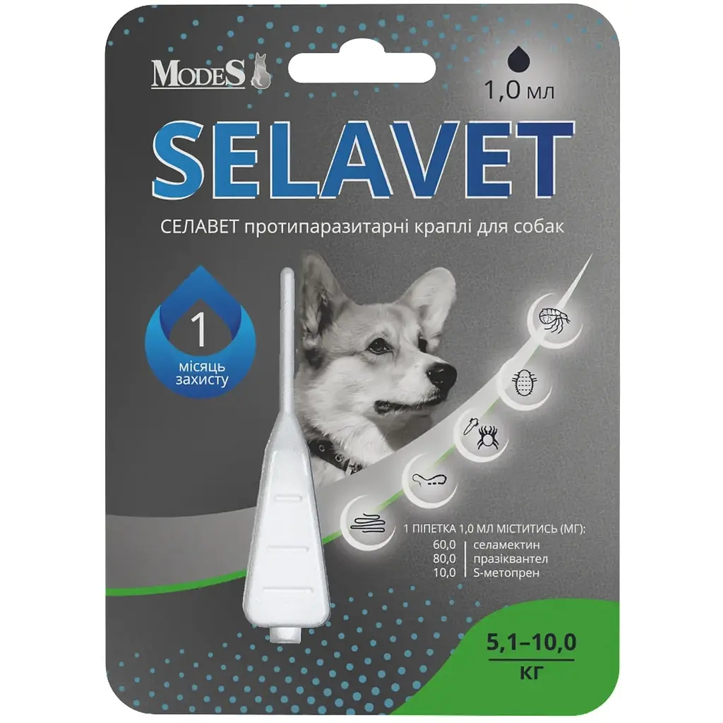 Краплі протипаразитні Modes Selavet для собак від 5.1 кг до 10.0 кг 1.0 мл