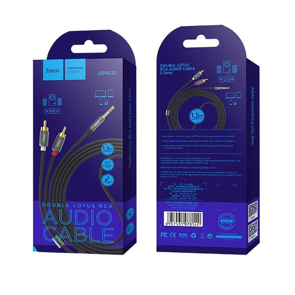 Кабель Hoco UPA10 double lotus rca audio cable 3.5mm Metal Grey - фото 2