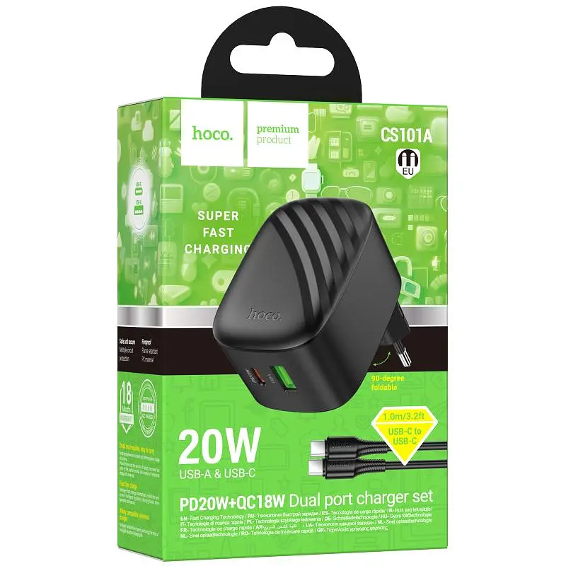 СЗУ Hoco CS101A Folding PD20W+QC3.0 (1USB-A/1C) + кабель Type-C to Type-C Black - фото 2