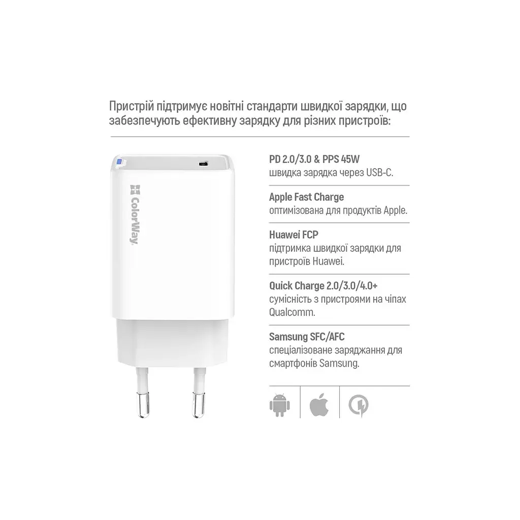 Зарядний пристрій ColorWay GaN Mini 45W PD Port PPS USB-C white (CW-CHS057PD-WT) - фото 9