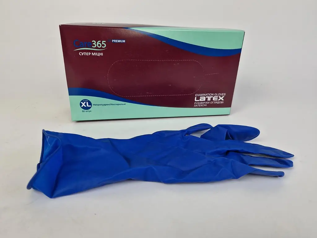 Рукавички одноразові гумові сині CARE 365, розмір XL, 50 шт, неопудрені, для огляду, клінінгу та сервісу