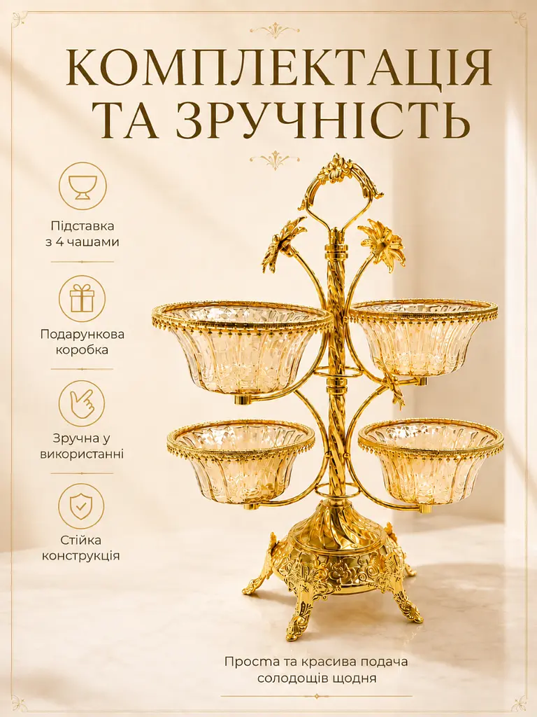 Багаторівнева металева підставка з 4 чашами висота 45 см для подачі горіхів та цукерок золотиста (37261101) - фото 7