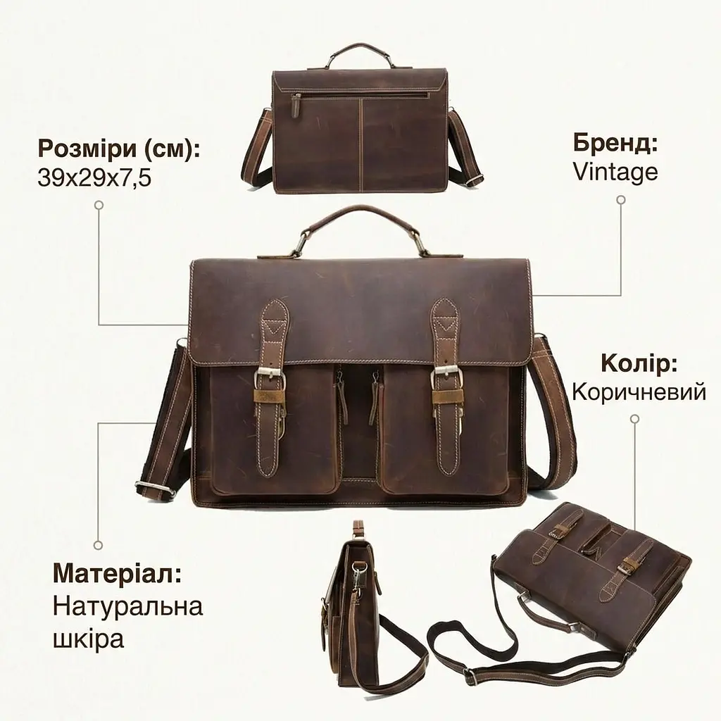 Портфель чоловічий зі шкіри 14774 Vintage рудий - фото 3