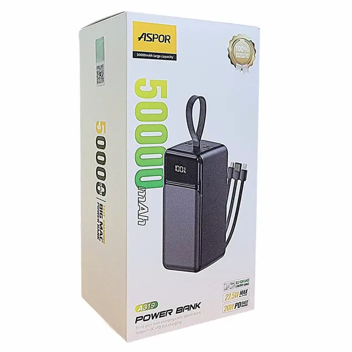 Универсальная мобильная батарея - внешний аккумулятор Aspor A319W 50000 mAh 22.5 Вт белый - фото 4