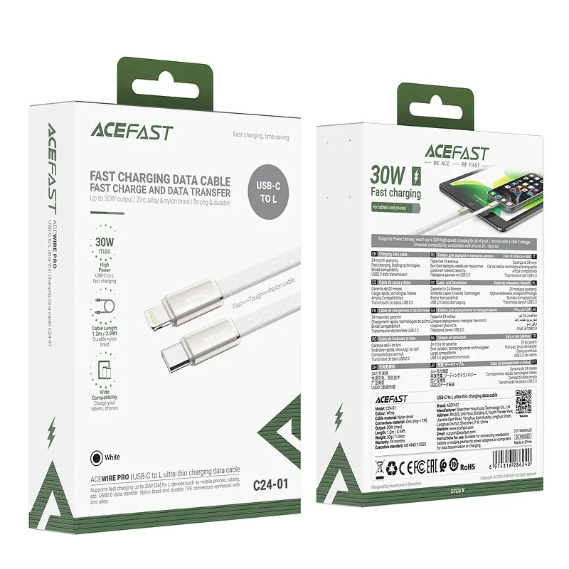 Кабель ACEFAST C24-01, USB to iP, 30W, 1.2m, Braided wire, Zinc alloy + TPE connectors, Білий - фото 2