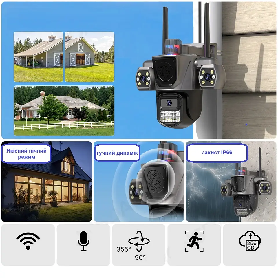 Вулична WiFi IPкамера Besder P17  ICSEE  15Мп  чорна 3 незалежних об'єктиви поворотні  - фото 6