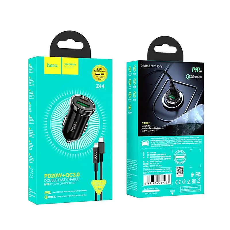 Адаптер автомобильный HOCO Type-C to Lightning Cable Leading car charger Z44 2USB, 3A, 20W, QC/PD| - фото 6