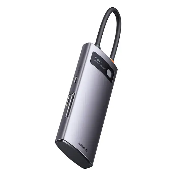 Хаб Baseus Metal Gleam Series 6-in-1 Type-C HUB Type-C to USB3.0*3+PD*1+SD/TF*1 WKWG030213 Grey - фото 4