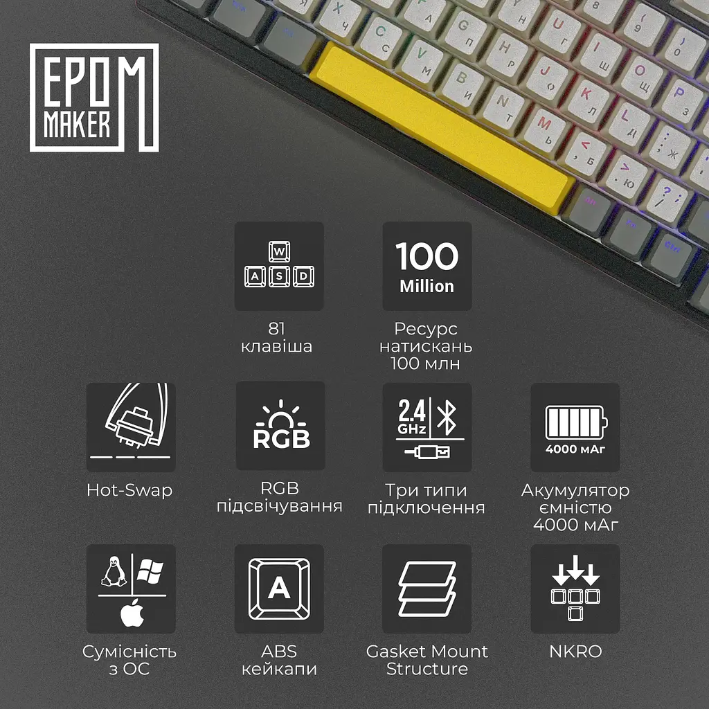 Клавіатура Epomaker TH80 SE Flamingo Black механічна бездротова (TH80-SE-B-F) - фото 10