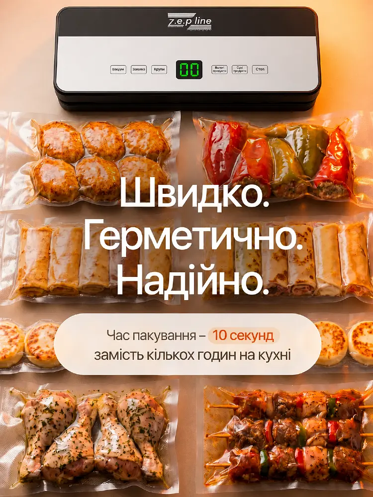 Вакууматор для продуктів Zepline 200 Вт Кухонний вакуумний пакувальник, Вакууматор для їжі, Вакуматор з рулоном та пакети для вакуумування - фото 9