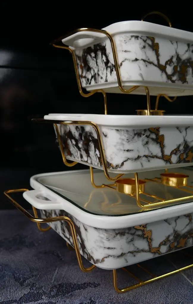 Набор из 3-х мармитов керамических прямоугольных Kitchen с крышками из стекла Бело Золотистый - фото 2
