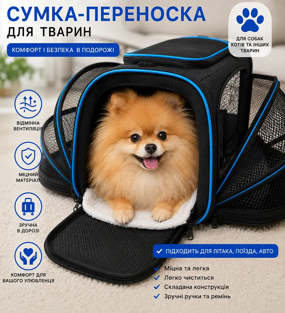Переноска для котів і собак до 10 кг розкладна сумка-переноска зі збільшуваними сітчастими секціями 42.5×32×29 см - фото 2