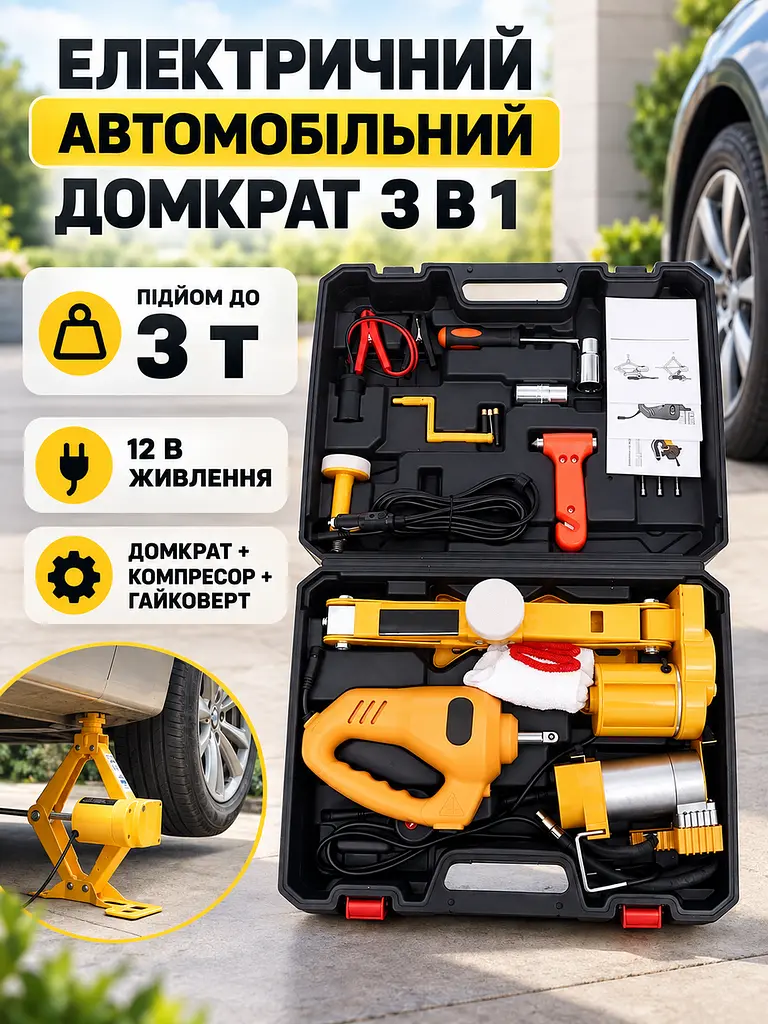 Електричний автомобільний домкрат 3 в 1 3 т 12 В з компресором і гайковертом у кейсі, жовто-чорний (49676399) - фото 2