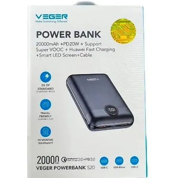 Портативний зарядний пристрій Veger S20 20000 mAh Quick Charge PD22.5W Black - фото 2