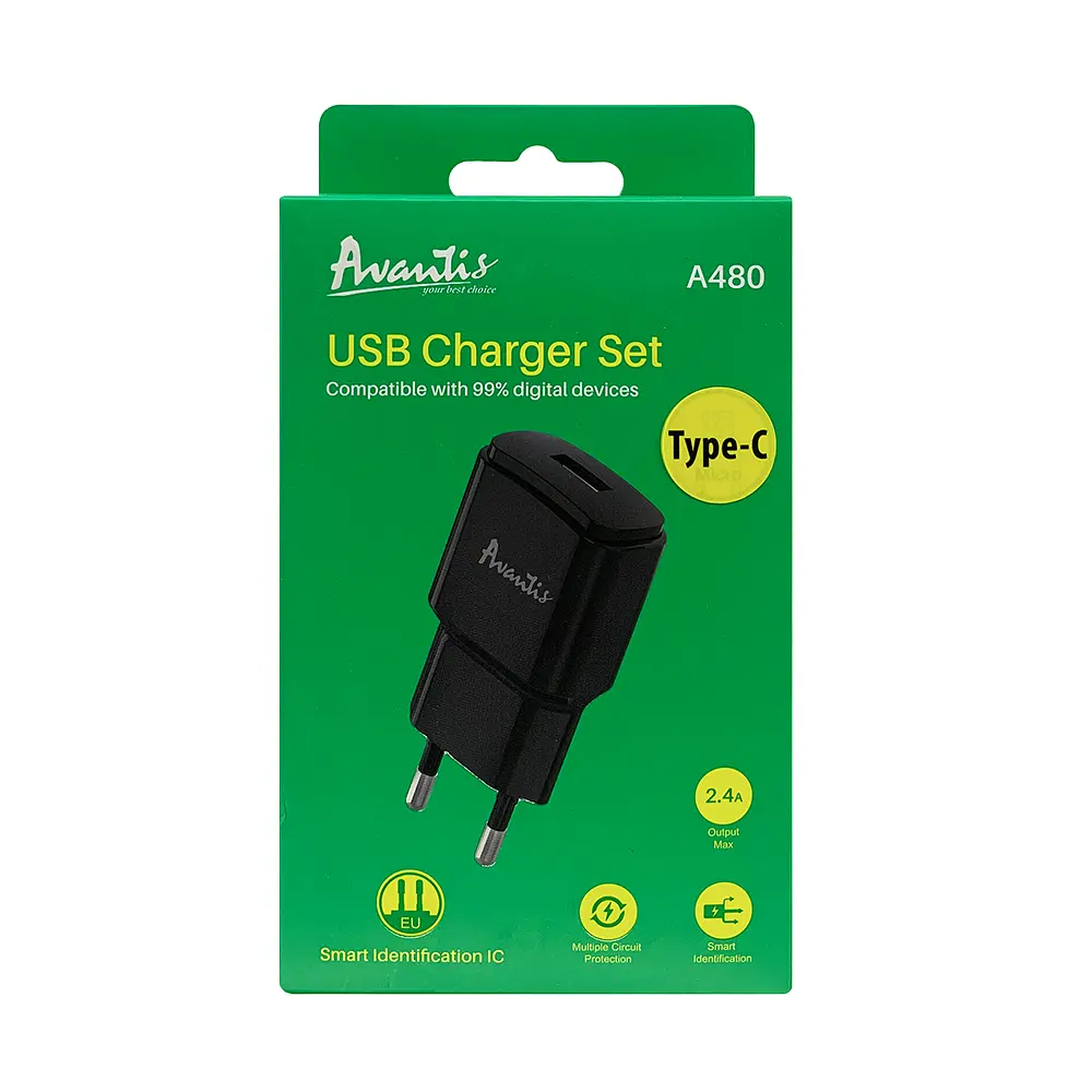 Мережевий зарядний пристрій Avantis A480 Orion (1USB/2.1A) + USB кабель Type-C- чорний - фото 2
